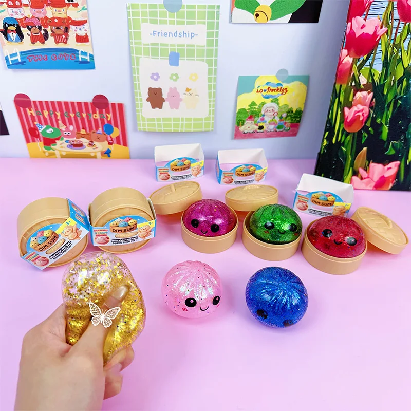 

24pcs Sparkling Powder Bun Pinch Comes With Steamer Box Adult Stress Relief And Release Pinch Toy Blind Box Toy Desktop Ornament