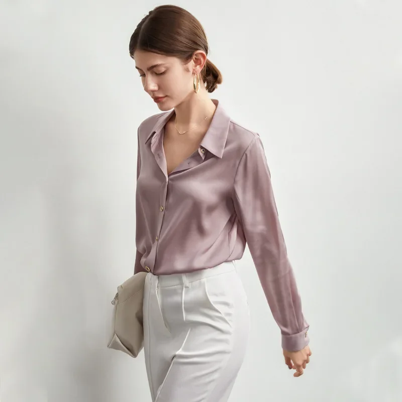 2024 Spring New Silk Shirt European And American Design Long-sleeved Mulberry Silk Top Solid Color Shirt Women