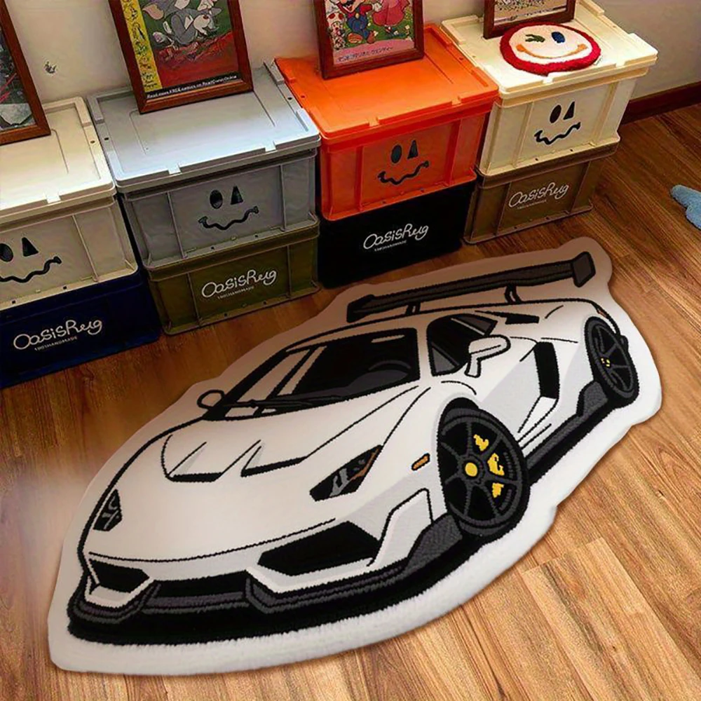 

Floor Mat with Bold Sports Car Graphic Design Irregular Shape Machine Washable Durable Construction for Living Room, Bedroom