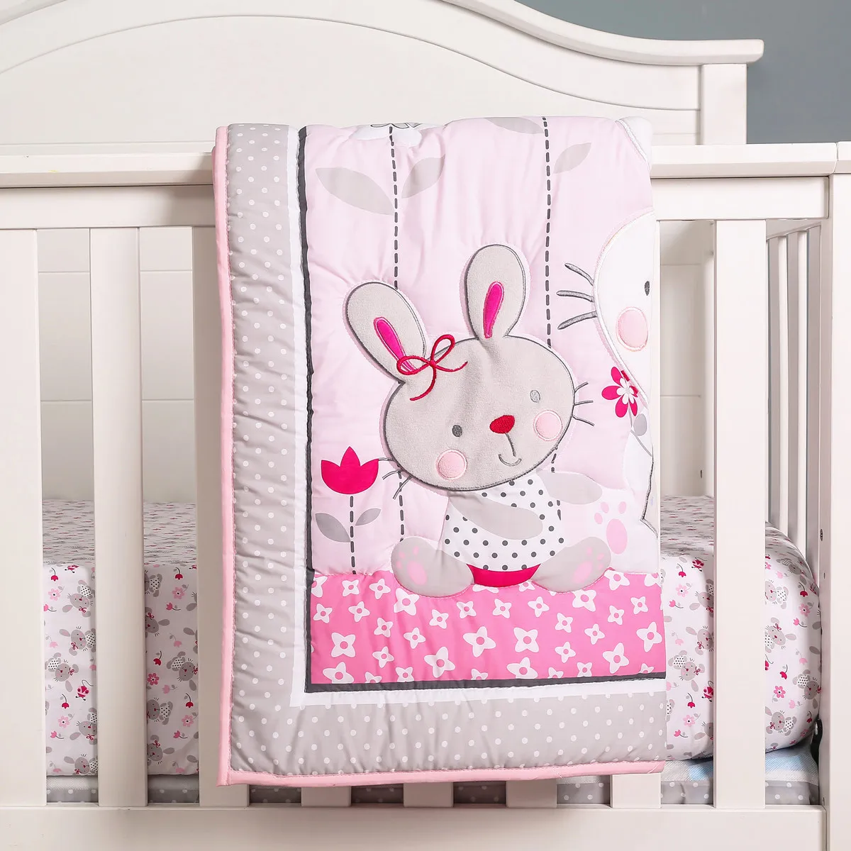 3Pcs Pink Rabbit Embroidery Crib Bedding Set for Baby Girl Classic Nursery Bedding Essential (Comforter Fitted Sheet Crib Skirt)