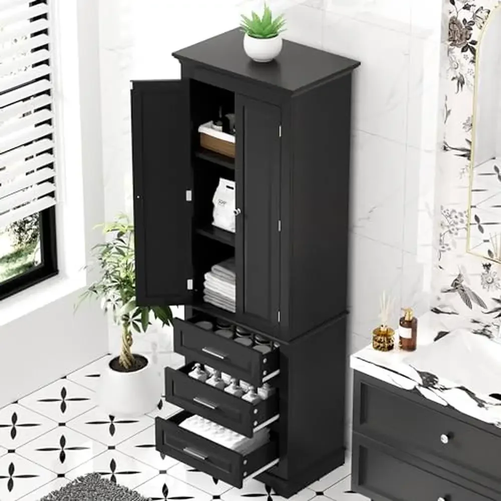 Tall Storage Cabinet with Adjustable Shelves and 3 Drawers Kitchen Pantry Cupboard Bookcase Organizer Bathroom Storage Furniture