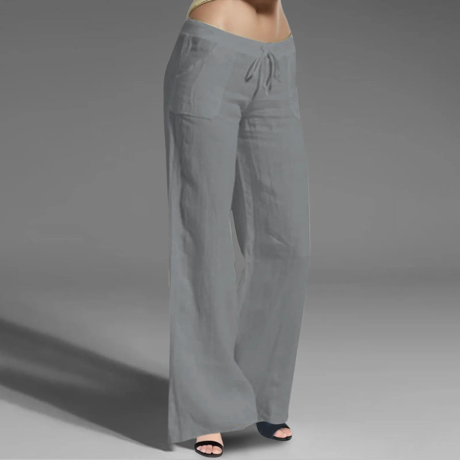 Spring Summer Solid Color Loose Pants 2024 Fashion Women Long Wide Cotton Elastic Waist Casual Solid Pants Drawstring Pants