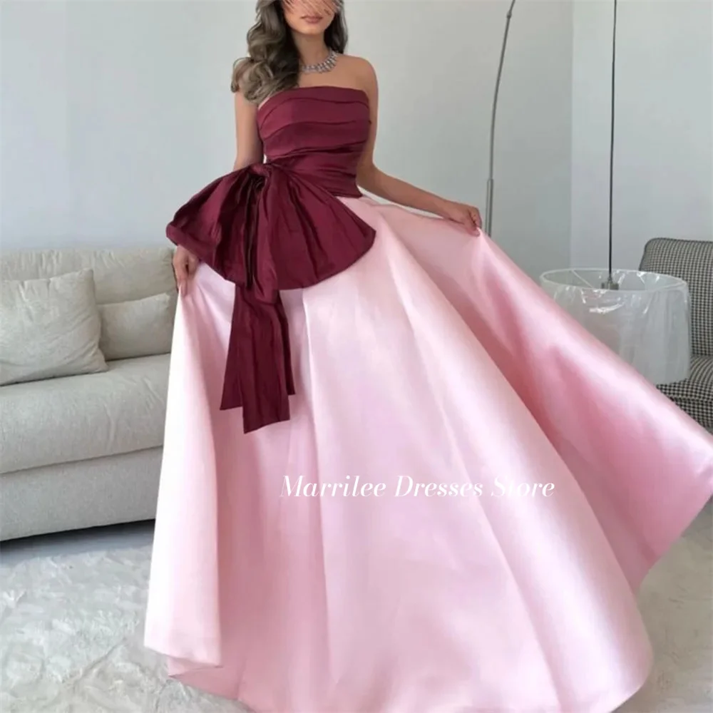 Marrilee Princess Elegant Rose Contrasting Color Stain Prom Gowns Strapless Big Bow Floor Length A-Line Sleeveless Evening Dress