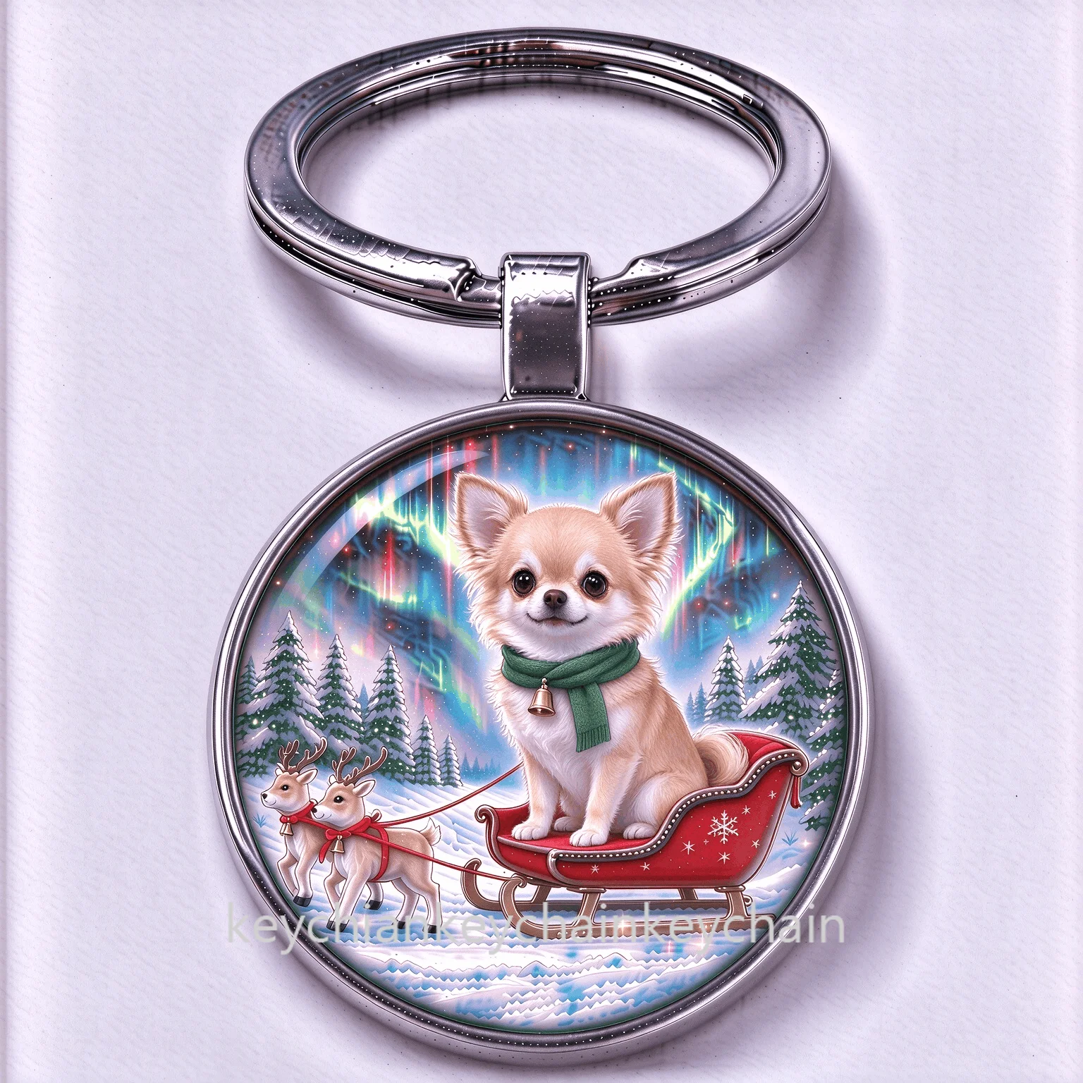 Christmas Chihuahua Dog Key Chain Round Keyring Cute Puppy Christmas Holiday Present for Pet Fans