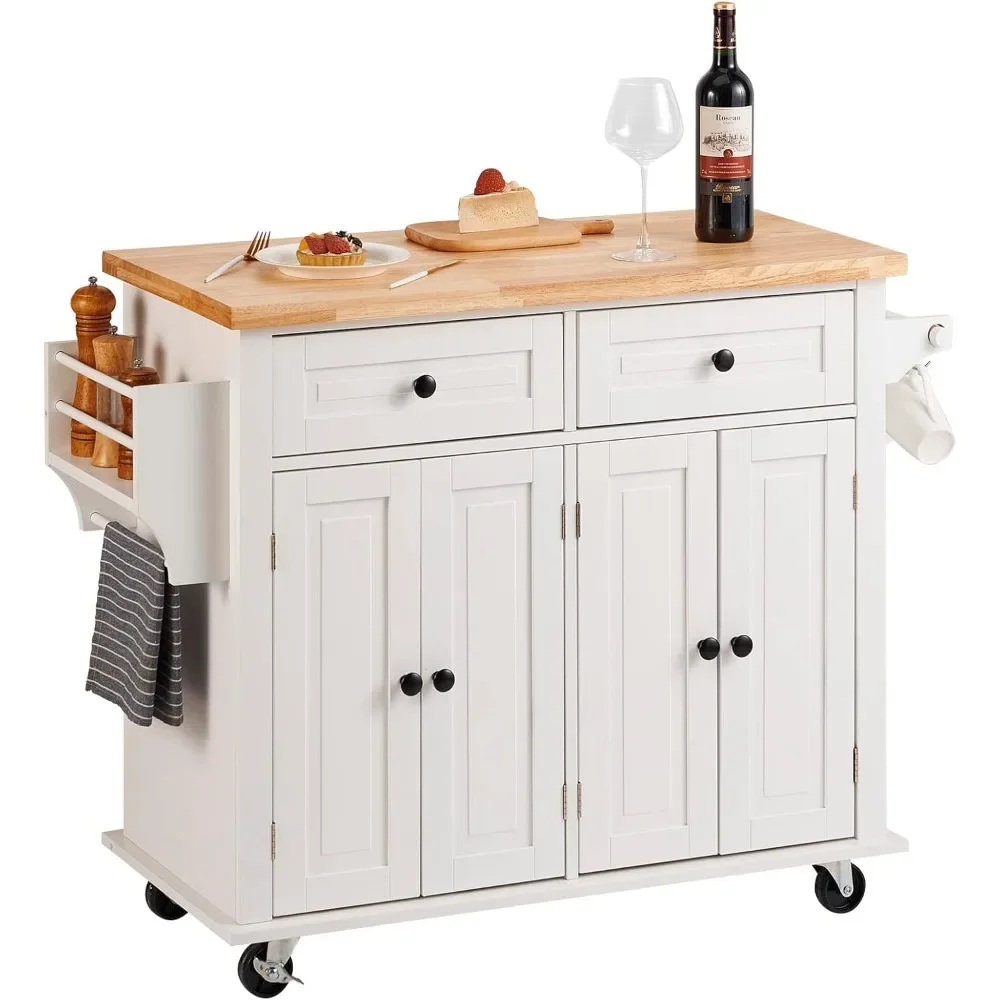 Kitchen Island Cart with Solid Wood Top, Width Mobile Carts with Storage Cabinet, Rolling Kitchen Table with Spice Rack