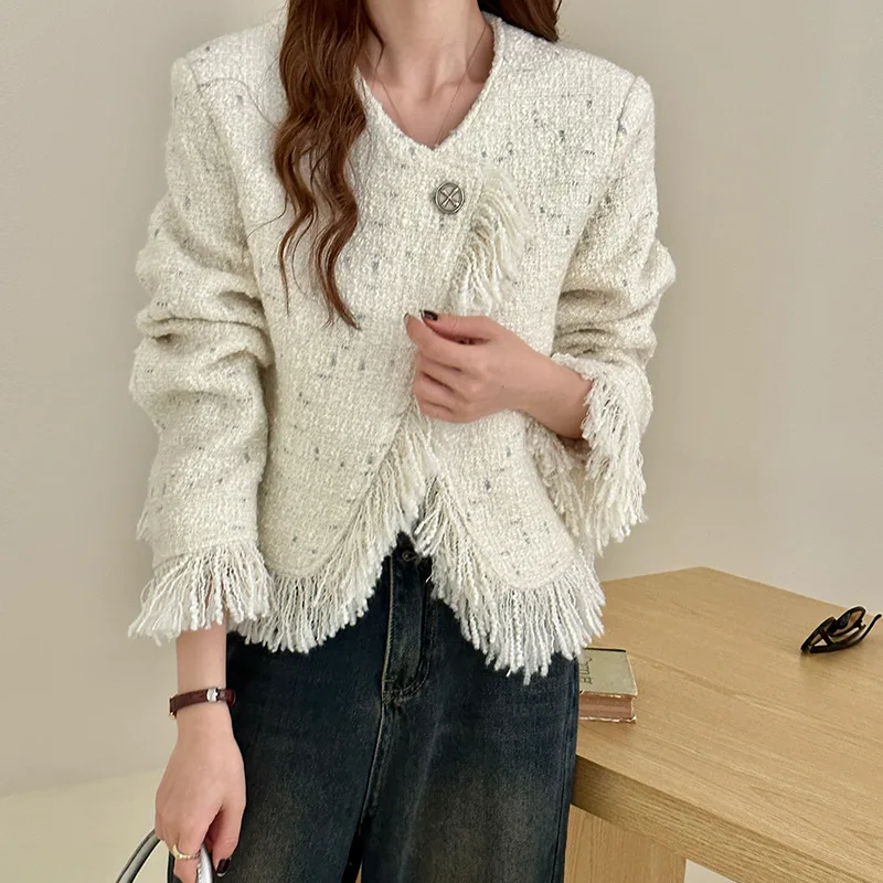 

One button tassel rough edge white small fragrant jacket women's short design temperament tweed top