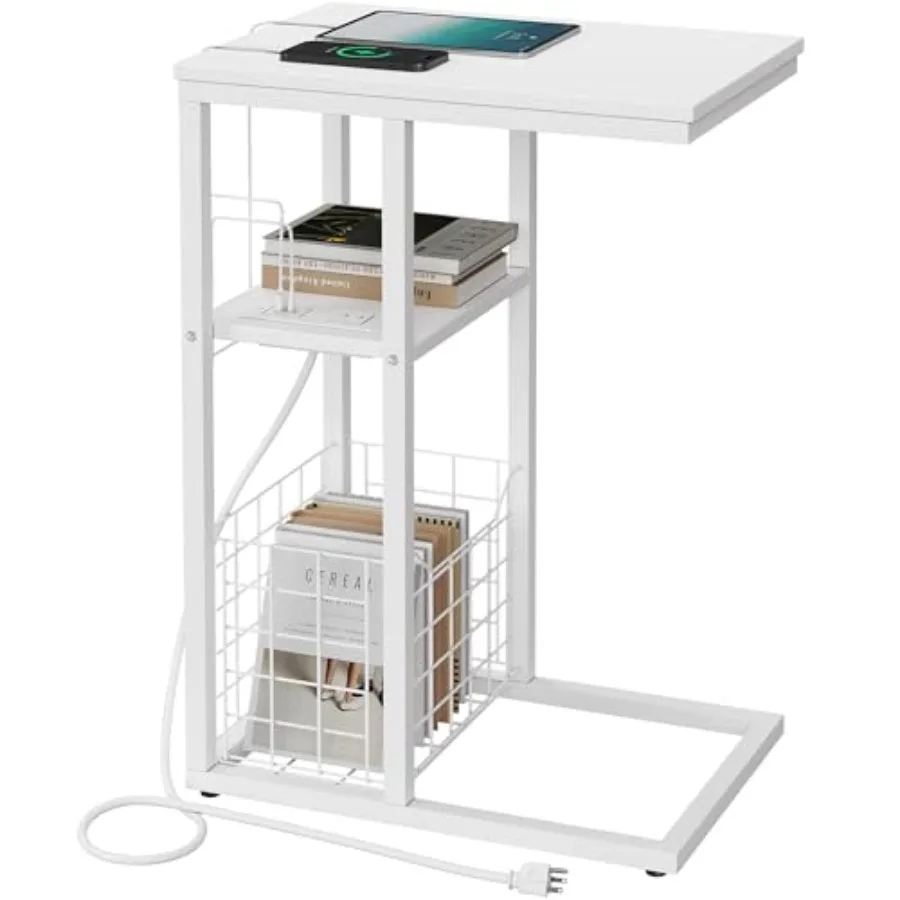 

C Shaped End Table with Charging Station Side Table for Couch Small Side End Table for Small Spaces 28" High Slide Under Sofa T