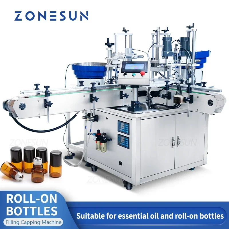 ZONESUN ZS-AFC11 Auto Magnetic Pump Liquid Filling Capping Machine Rotary Table Packaging Line for Roll-On Bottle Essential Oil
