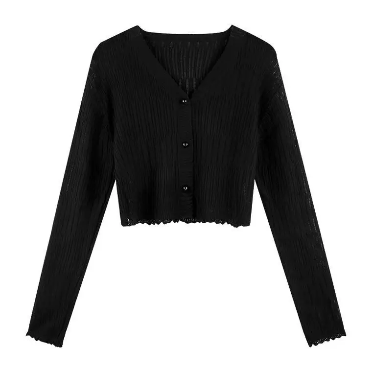 Hollowing out Women\'s cardigan knitted sweater Button Loose fitting top coat Youth Elegant High quality knitwear black