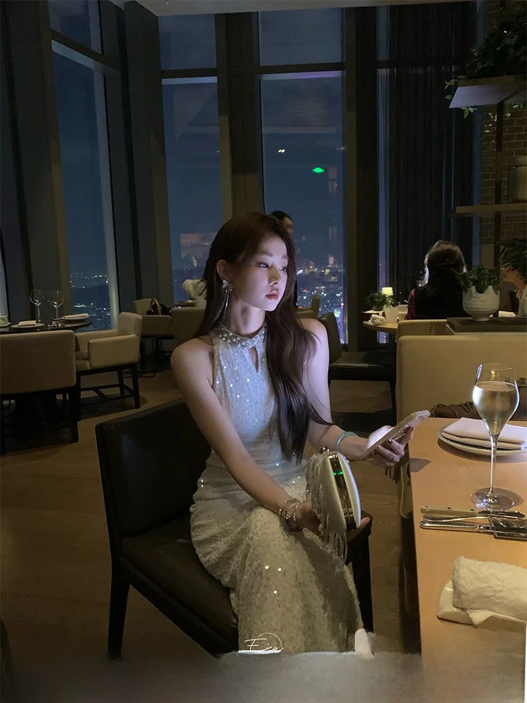 

Элегантная женская длинная юбка А-силуэта с пайетками, весенняя, из полиэстера, без рукавов, на молнии, подарок на день рождения