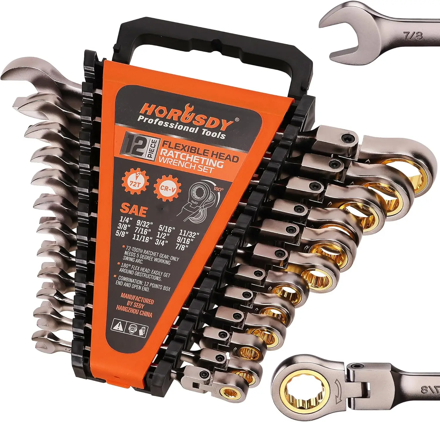 12-Piece SAE Flex-Head Ratcheting Wrench Set Set with Organizer | 1/4” to 7/8“ Ratchet Combination Wrenches Set | 72-Teeth