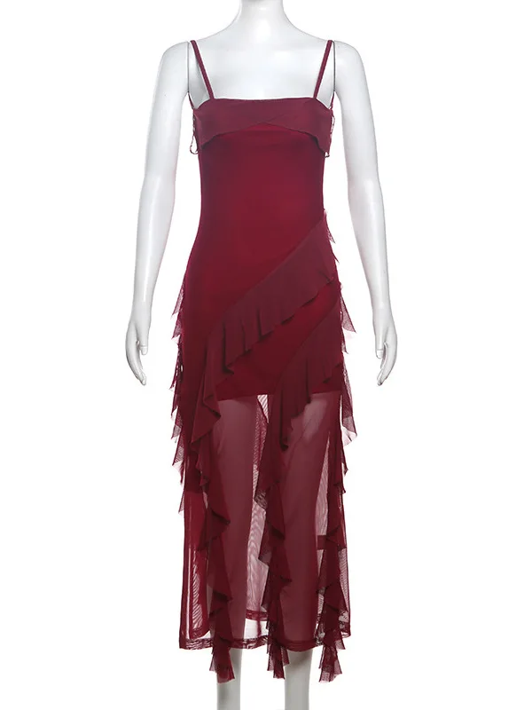 ピュアレッド スリムフィット ストラップ付き ドクターサマー ヴァイオン レディース ロングスカート アシンメトリー スリット ビーチ ホリデー ガウン ハイウエスト カットアウト