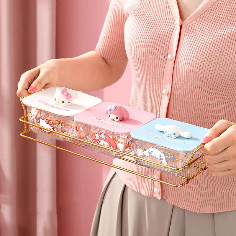 

Sanrio Kawaii Hello Kitty Glass Storage Box My Melody Cinnamoroll Anime Cartoon Living Room House Nut Snacks Dish Fruit Plates