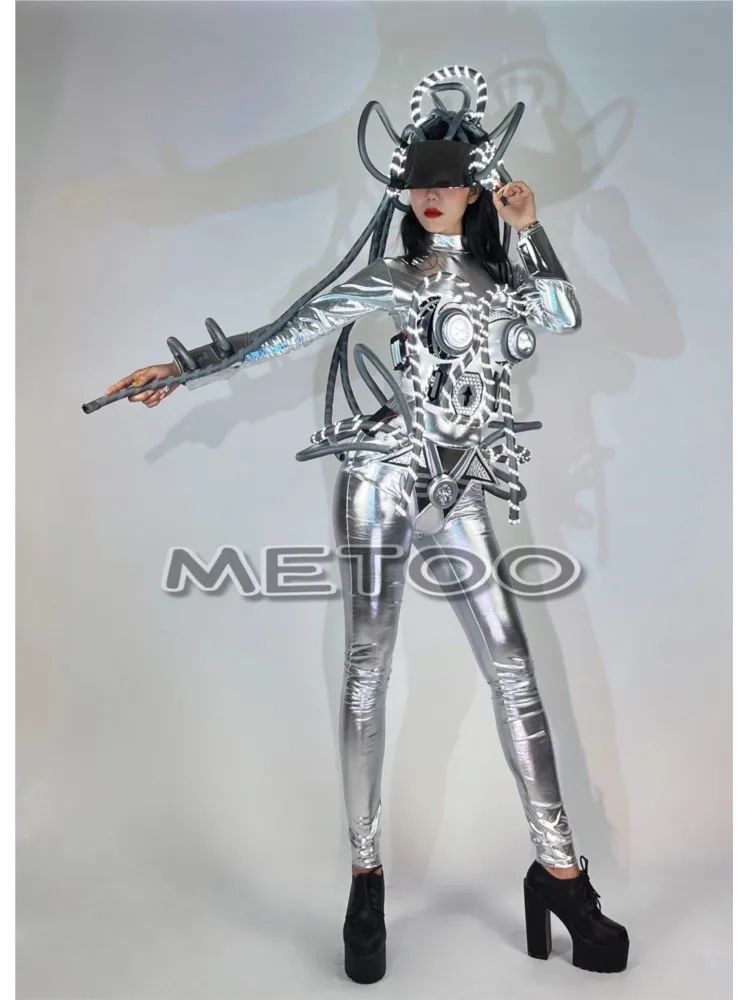 Silver LED Light Armor Robot Silver Split Performance Suit GOGO DS Performance Costume