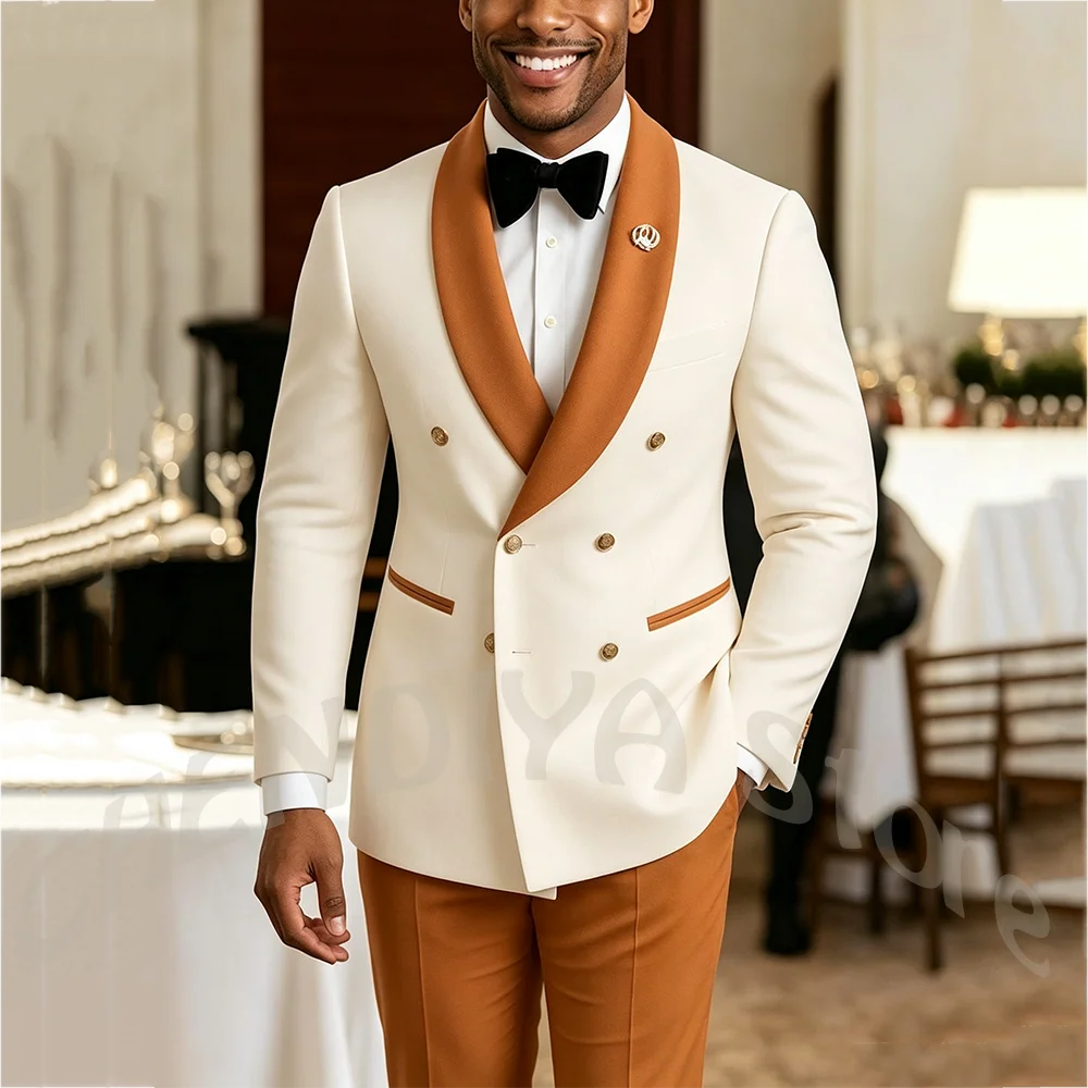 Men Shawl Lapel Double Breasted Suit 2 Pieces Contrast Color Slim Fit Tuxedo Jacket Pants Set Luxury Groom Wedding Suit Formal