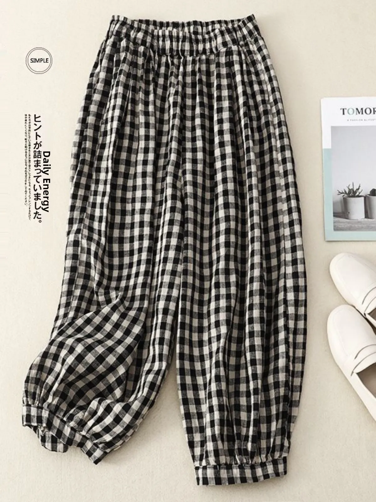 

Women's Retro Plaid Lantern Pants Loose Casual Drapey Cotton Linen Slim Wide Leg Pants Volume Lantern Pants
