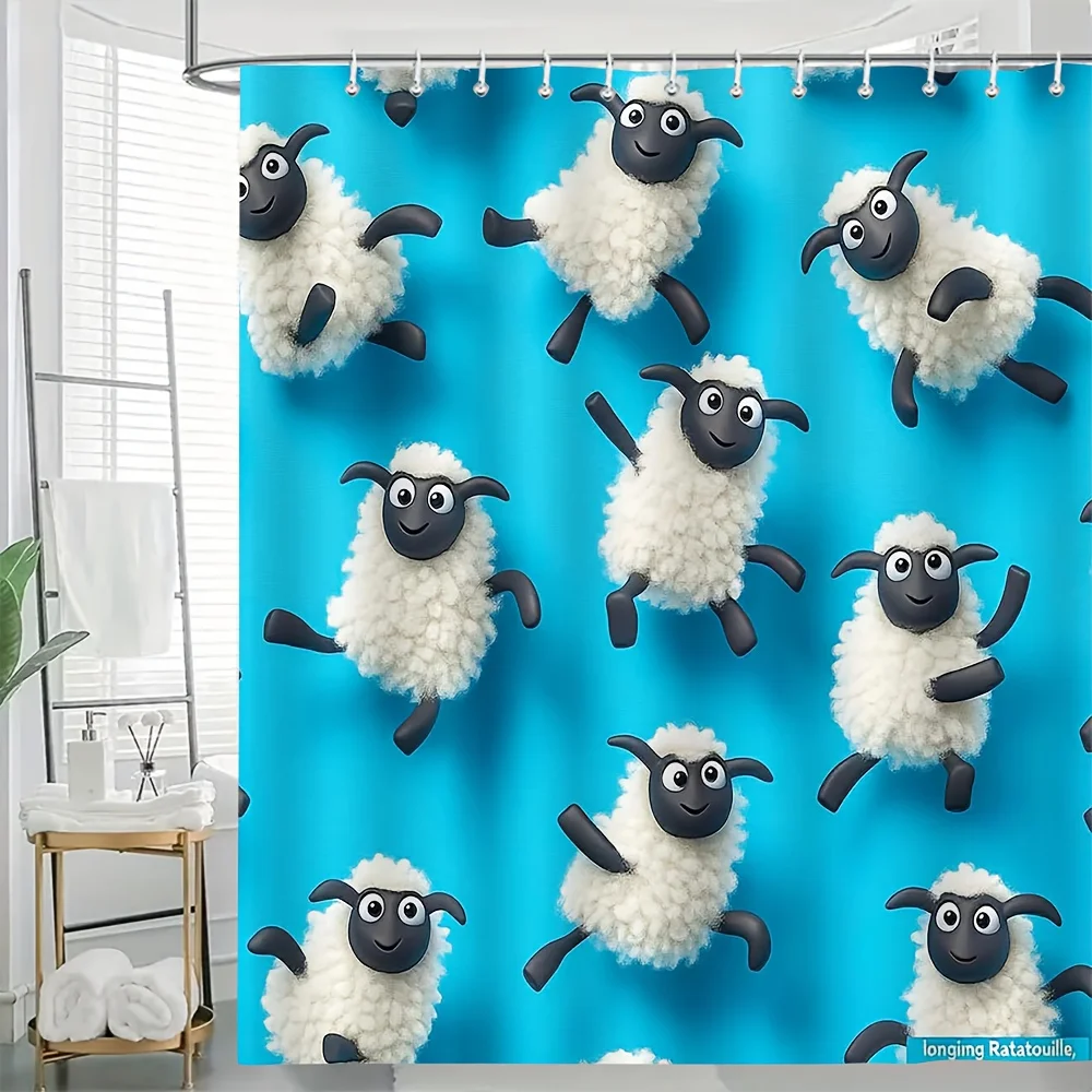 

Абстрактная шторка для душа Woolly Friends – облачно-белые текстурированные точки на синем фоне, полиэстер, 12 люверсов, можно стирать в машине.