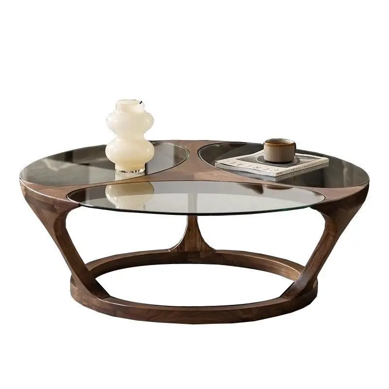 

North American black walnut glass special-shaped coffee table Nordic Japanese minimalist living room full solid wood round