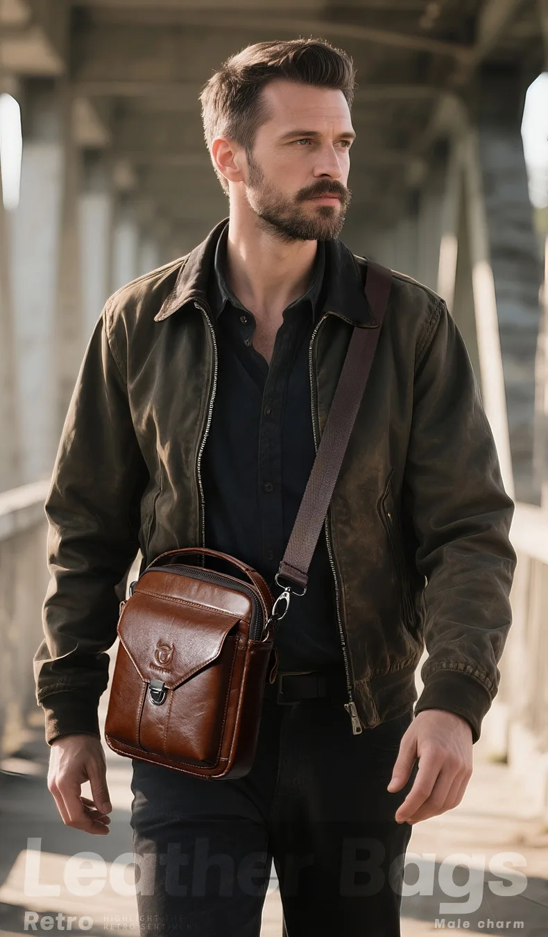 

Head layer cowhide shoulder crossbody bag real leather men's 8 inch iPad storage multi-function portable cross cross bag