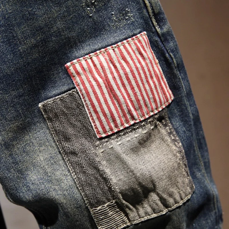 Street Designer Fashion Men Jeans Retro Washed Blue Stretch Slim Fit Ripped Jeans Men Patched Hip Hop Vintage Denim Pants Hombre