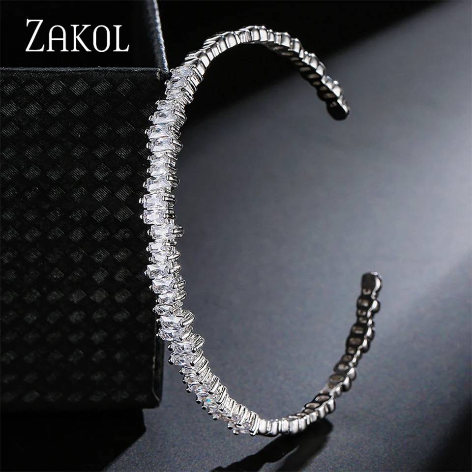 ZAKOL Fashion Cubic Zirconia Cuff Bangles for Women Trendy Baguette Men Open Bracelet Party Jewelry B154