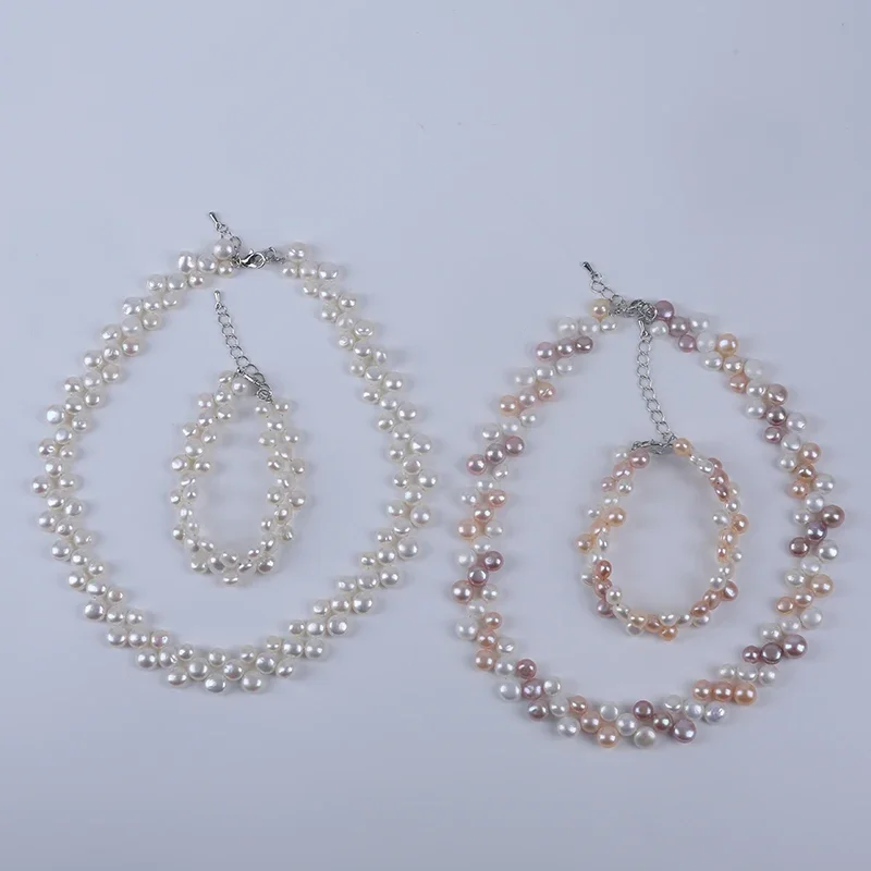 6mm-7mm-8mm white/mixed color button shape cultured real freshwater pearl handmade necklace and bracelet jewelry set