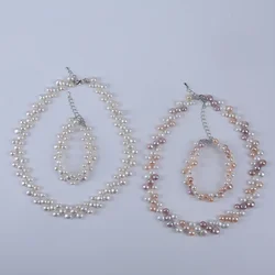 6mm-7mm-8mm white/mixed color button shape cultured real freshwater pearl handmade necklace and bracelet jewelry set