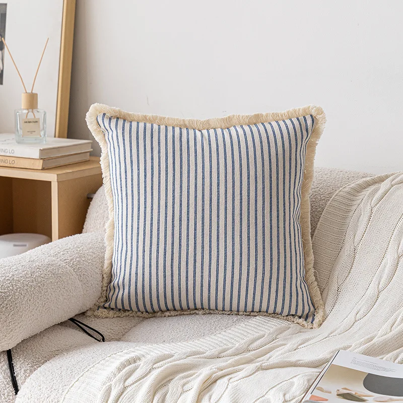 

CX new cotton and linen striped throw pillow Ins style simple home sofa cushion with fringed edge bedside pillow