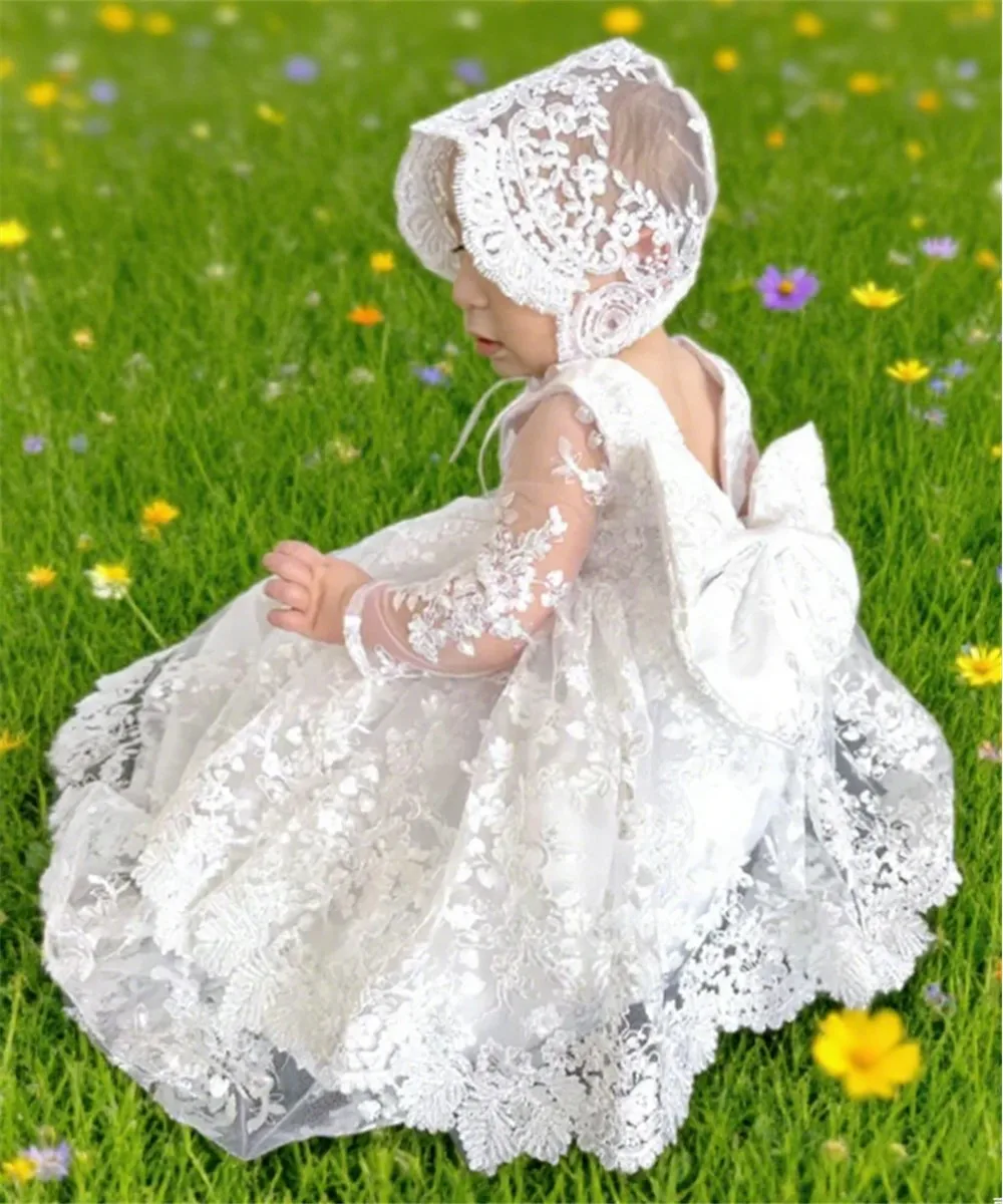 

Baby Girls Lace Flower Girl Wedding Dress Lace With Bow Long Sleeve Dress Toddler Kids Birthday Party Dress First Communion Gown