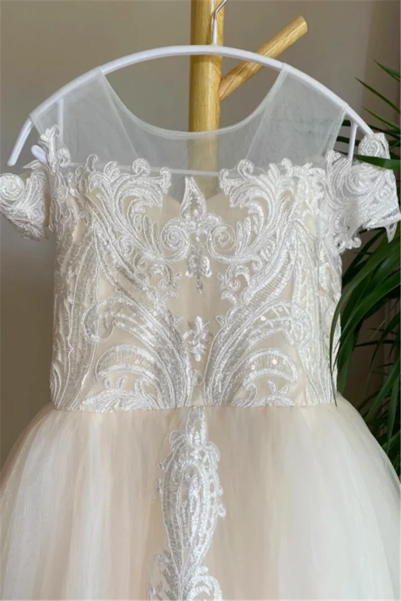 White Short-sleeved Tulle Lace Printing Flower Girl Dresses For Wedding Puffy Baby First Communion Dress Dream Surprise Gift