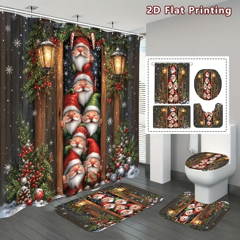 4pc 2D Flat Christmas Shower Curtain Set, Red Background with Santa & Snowman Print, U Mat & Toilet Cover, Home Christmas Decor