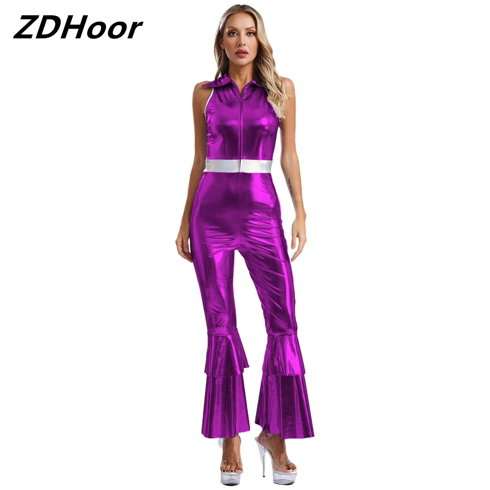 

Women Shiny Metallic Jumpsuit 70s Disco Costume Lapel Collar Sleeveless High Waist Flared Jumpsuit Disco Dance Singer Costume