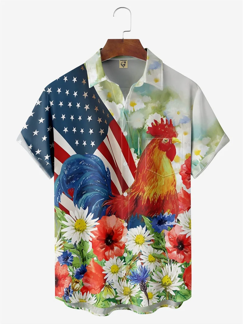 

3D Printed Animals America Flag Shirt For Men Clothes Roosters Raccoon Graphic Shirts Beach Shirt Short Sleeved Usa Eagle Tops