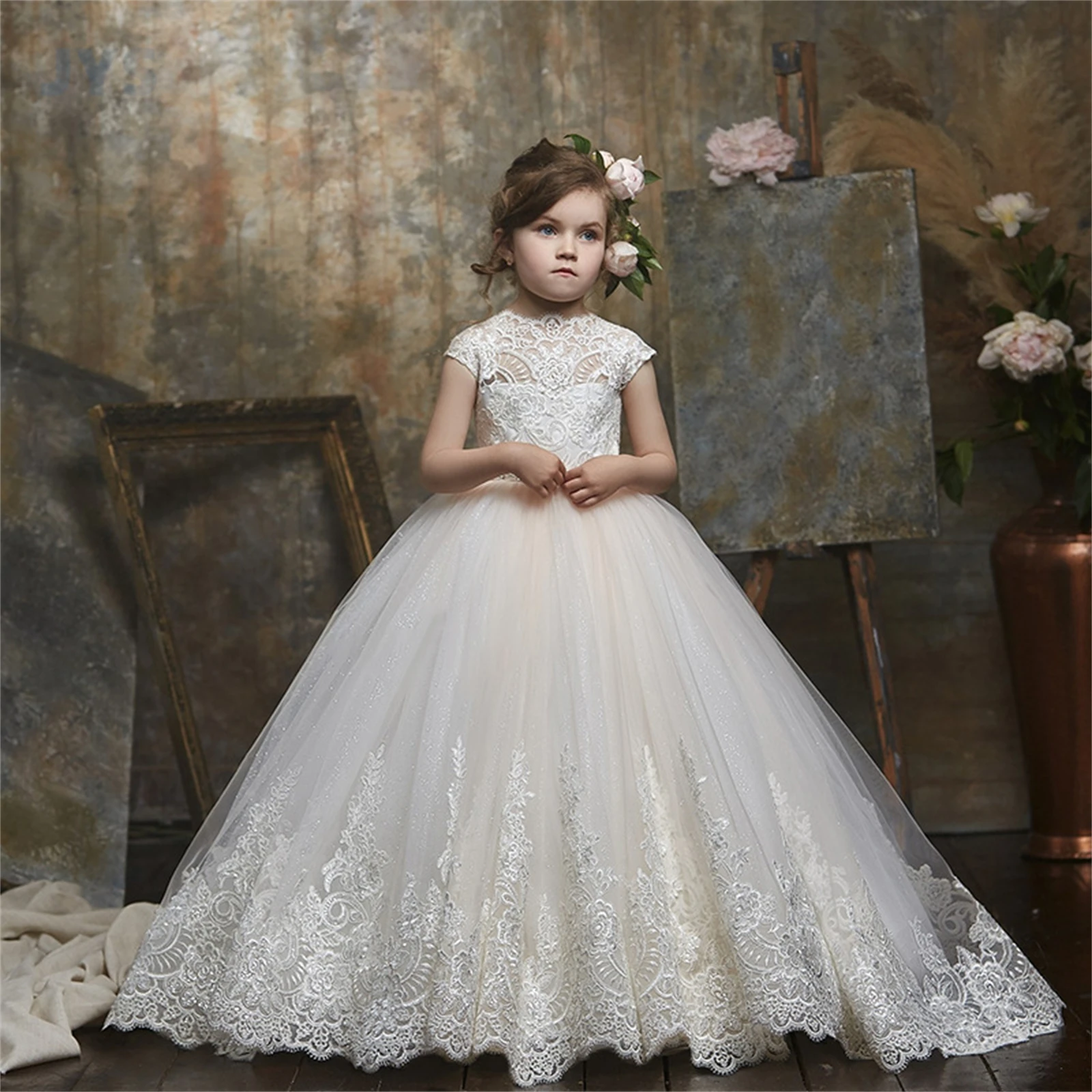 

Girl Communion Birthday Gowns Lace Flower Girl Dress Wedding Party Christmas Girl Princess Dresses First Commuion