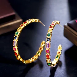 CWWZircons Charming Colorful Rainbow Cubic Zirconia Gold Plated Round Hoop Earrings for Women Fashion Bohemia Jewelry Gift CZ414