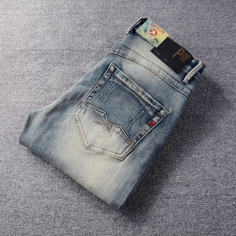 Fashion Vintage Men Jeans High Quality Retro Washed Blue Stretch Slim Fit Ripped Jeans Men Embroidery Designer Denim Pants Homme