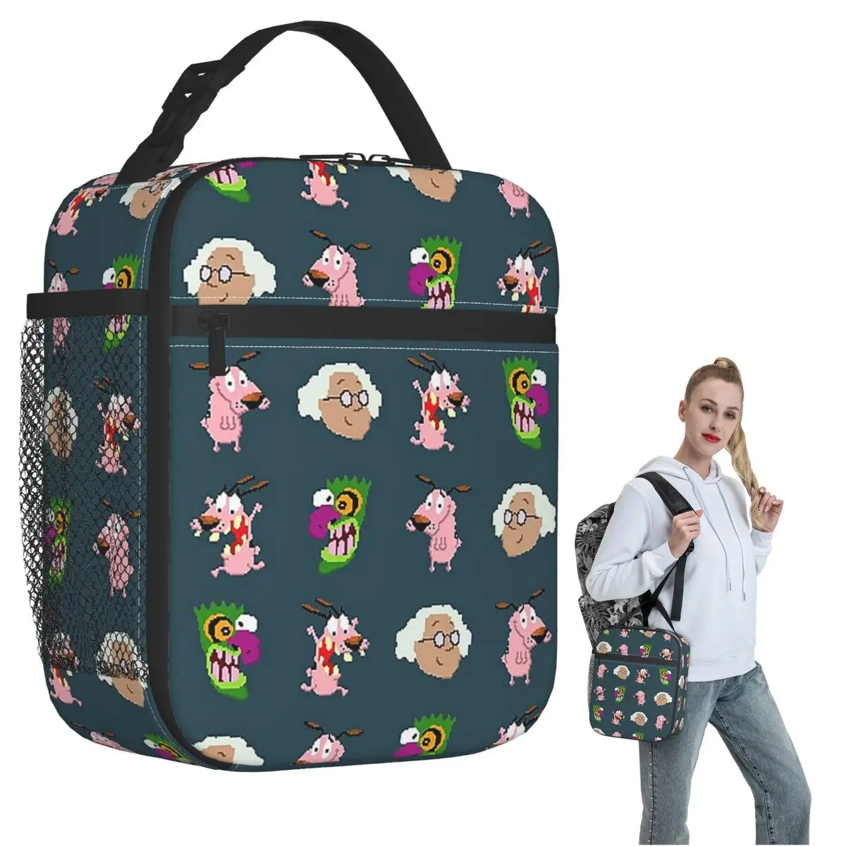 Courage The Cowardly Dog - Pixel Pattern Insulated Lunch Bag for Women Children Leakproof Food Boxes Thermal Lunch Box Tote