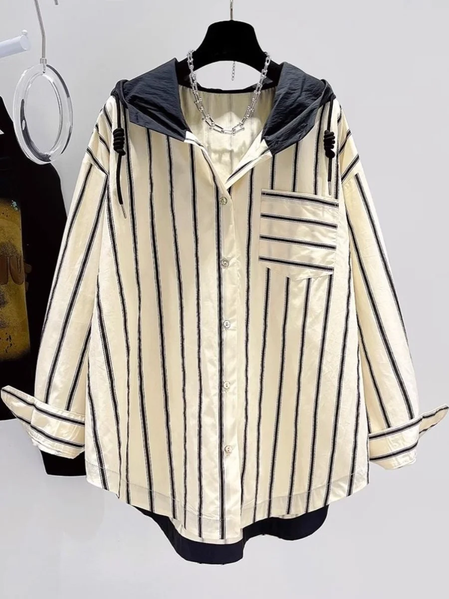 

plus Size Women's Striped irt Loose Long Sve Commute Sle Spring Outerwear Korean Version Button Detail Casual Coat