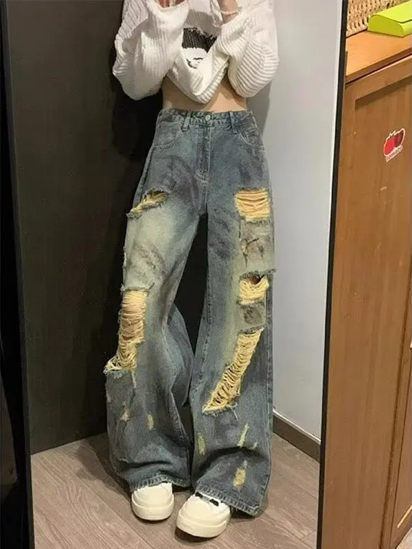 

Американские джинсы с талией в стиле ретро, женские весенне-осенние джинсы больших размеров, прямые брюки, тонкие, широкие, модные, повседневные, с высокой талией