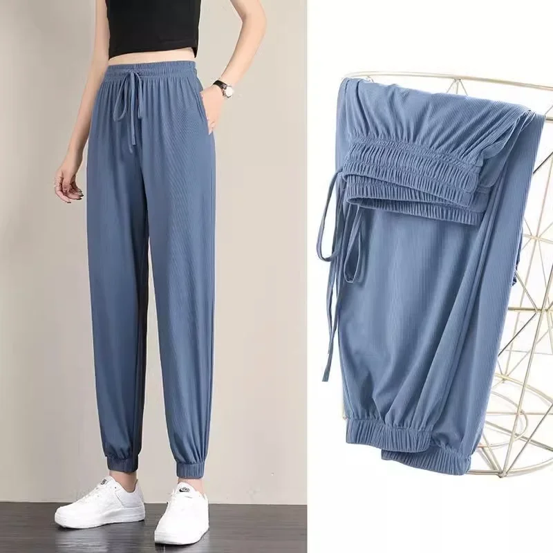 

Ice Silk Sweatpants Women Loose Drawstring Feet Summer Thin Casual Trousers Drape Thin Big Yards Nine-minute Trousers Women