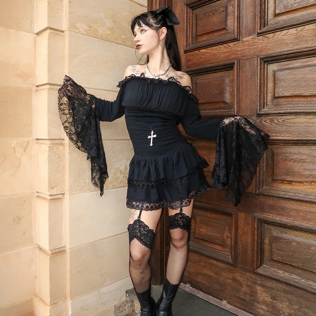 Halloween sexy rendas retalhos vestido curto feminino 2025 outono slash neck em camadas elástico ruched vestidos festa clube bodycon