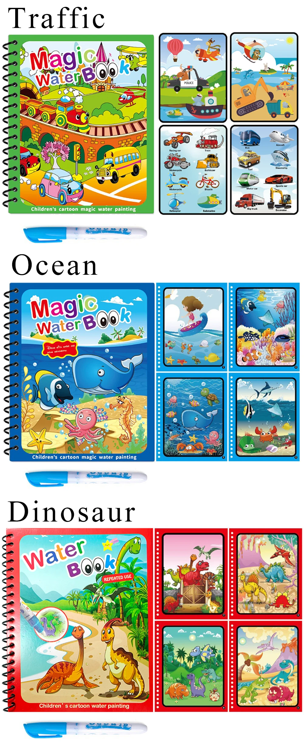 1 Set magisches Wasser-Zeichenbuch, buntes Montessori, wiederverwendbares Malbuch mit Wasserpinsel, Geburtstag, Festival, Graffiti-Geschenk ZYF – Detail 4