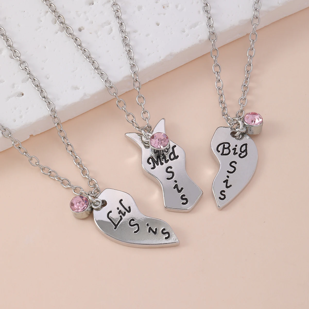 Family Love Jewelry Big Mid Lil Sis Puzzle Heart Pendant Necklace With Pink Crystal Charm Choker For Best Sister Sibling Gift