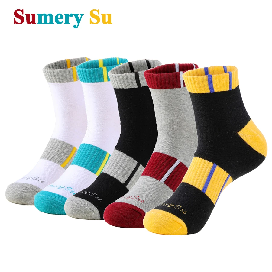 5 Pairs/Lot Running Socks Men Casual Stripes Colorful Combed Cotton Outdoor Compression Thick Short Male 5 Colors Hot Sale 2024