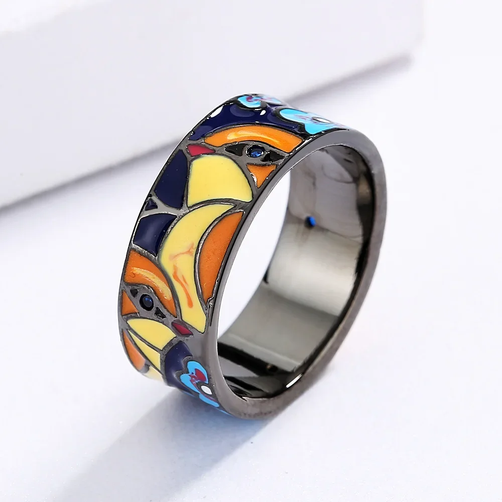 Women's Handmade Blue Spinel Bird Flower Enamel Ring
