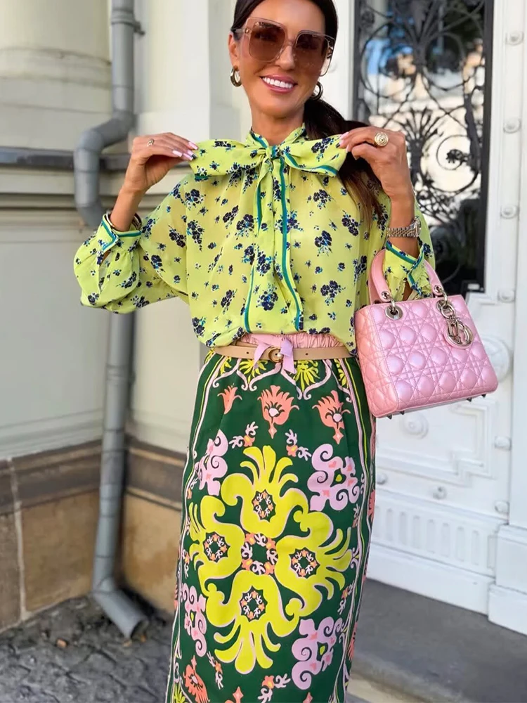 TFMLN New Women's Printed Midi Skirts Set 2026 Autumn Bow High Neck Shirt Elastic Waist Straight Skirt 2 Piece Elegant Outfit image 2