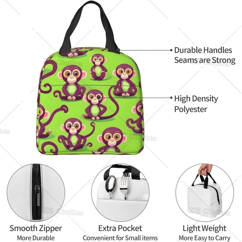 Green Clever Monkey Lunch Bag for Women & Men Adult Insulated Lunch Box, Small Leakproof Cooler Food for Work School