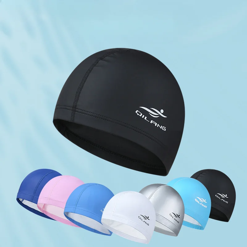 Swimming Caps Women Men Universal Long Hair Ear Protection Swim Caps PU Waterproof Letter Printed Swimming Cap Pool Accessories