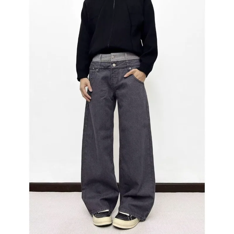 Women's Double Waist Splicing Design Wide Leg Jeans Spring Unisex Street Casual Denim Pants Female Straight Personality Trousers