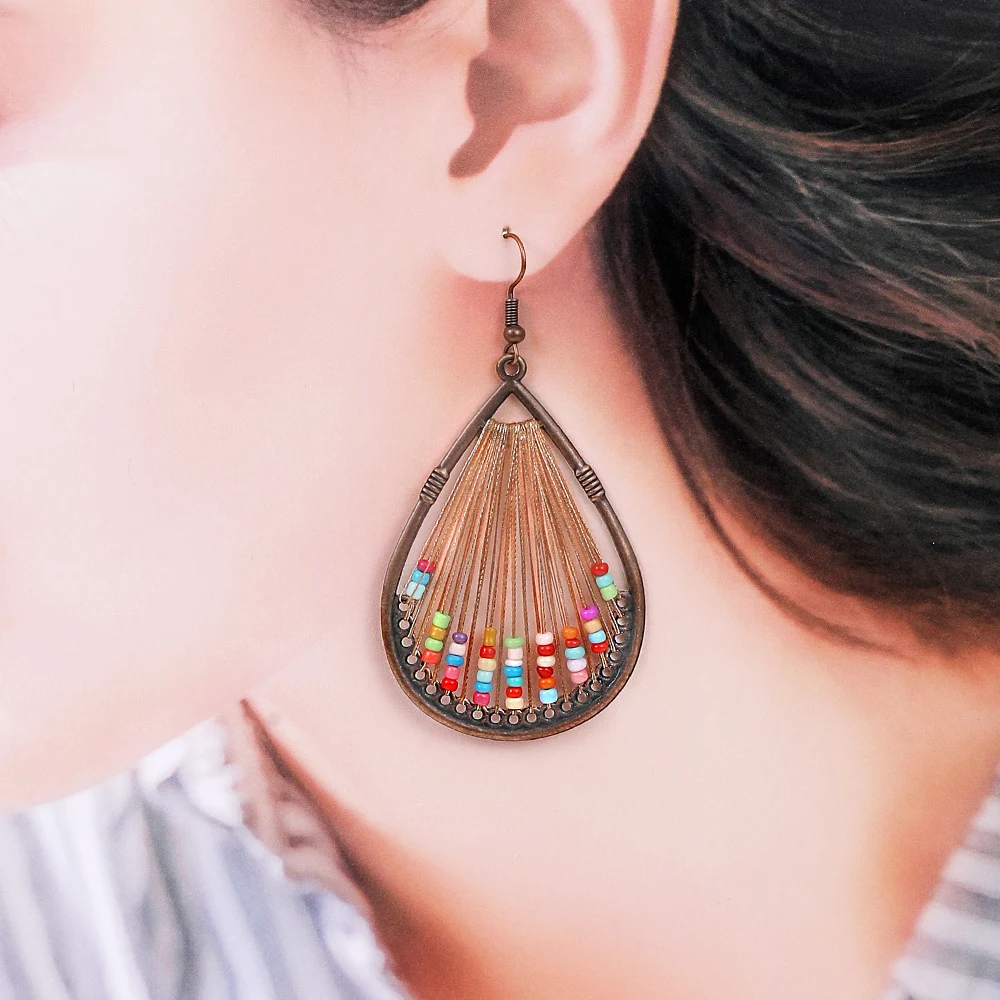 Vintage Red Copper Rainbow Bead Threader Earrings Retro Boho Teardrop &Hoop Drop Earrings Ethnic Handmade Women Vacation Jewelry